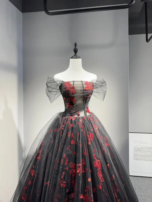 A-line Off Shoulder Tulle Black and Red Formal Dress, Floral Black and Red Party Dress